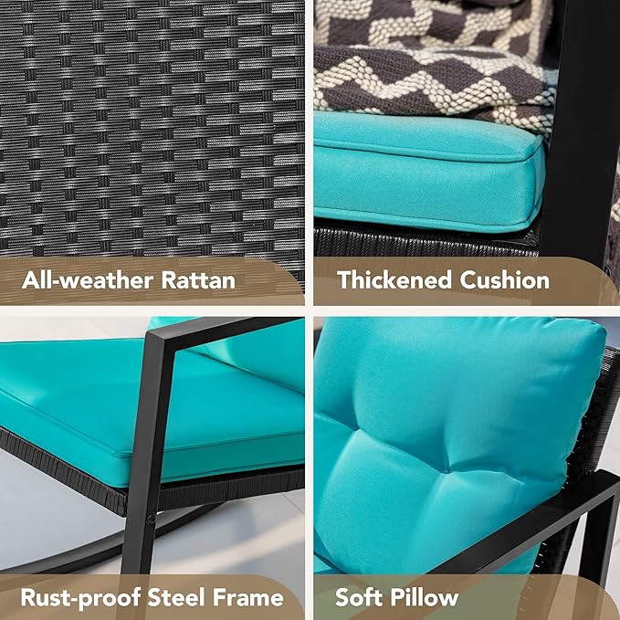 Devoko 3 Piece Rocking Bistro Set Wicker Patio Outdoor Furniture Porch Chairs - Image 7