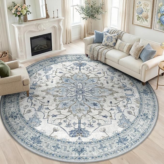 RELEANY Area Rugs Round 8ft Washable Non-Slip, Floral Vintage Distress Print by RELEANY