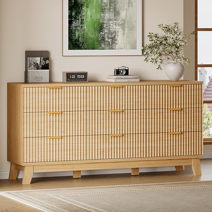 BORNOON 63" Long Dresser for Bedroom, 9-Drawer Fluted Dresser, Extra-Wide Wood by BORNOON