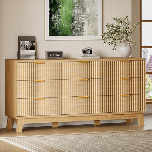 BORNOON 63" Long Dresser for Bedroom, 9-Drawer Fluted Dresser, Extra-Wide Wood by BORNOON