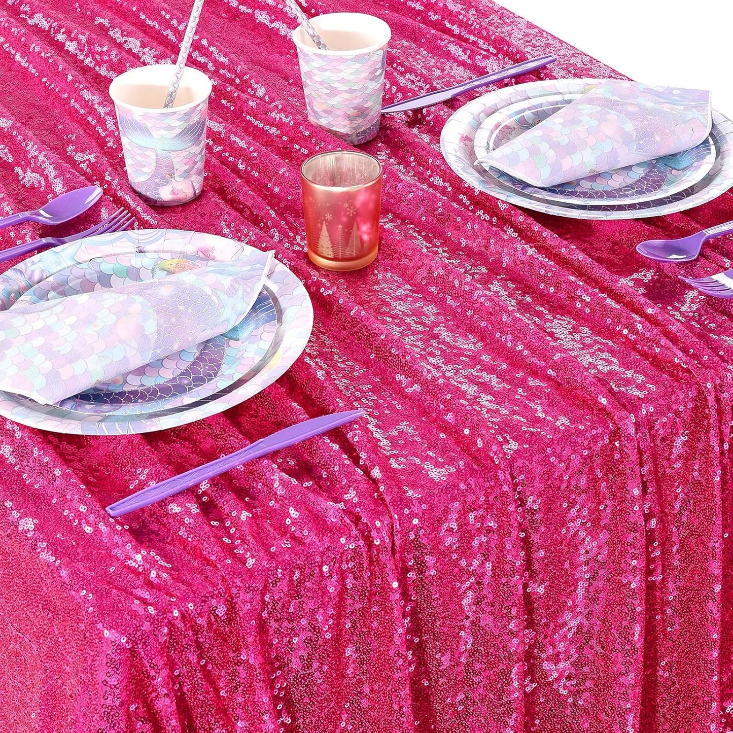 QueenDream Tablecloth Hot Pink Birthday Decorations: 90x90 Inch Sequin Tablecloth Drapes Glitter Fabric Wedding Party Table Overlay