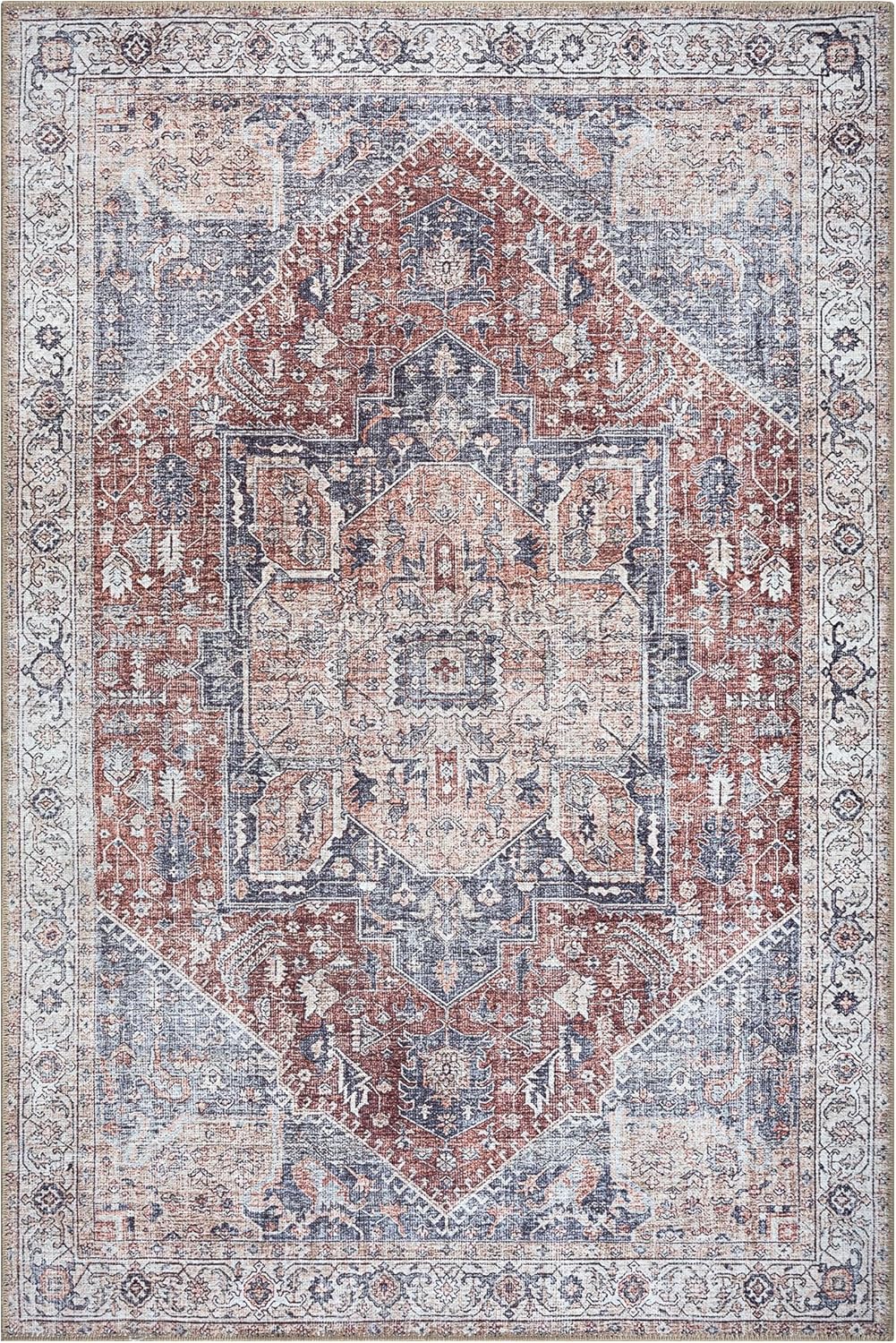 Bloom Rugs Washable Non-Slip 5' x 7' Rug - Red/Blue Traditional Medallion Area Rug for Living Room, Bedroom, Dining Room, and Kitchen - Exact Size: 5' x 7'