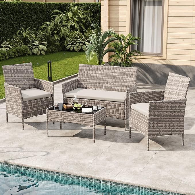 4-Piece Outdoor Furniture Set, PE Rattan Wicker Chairs by Unknown