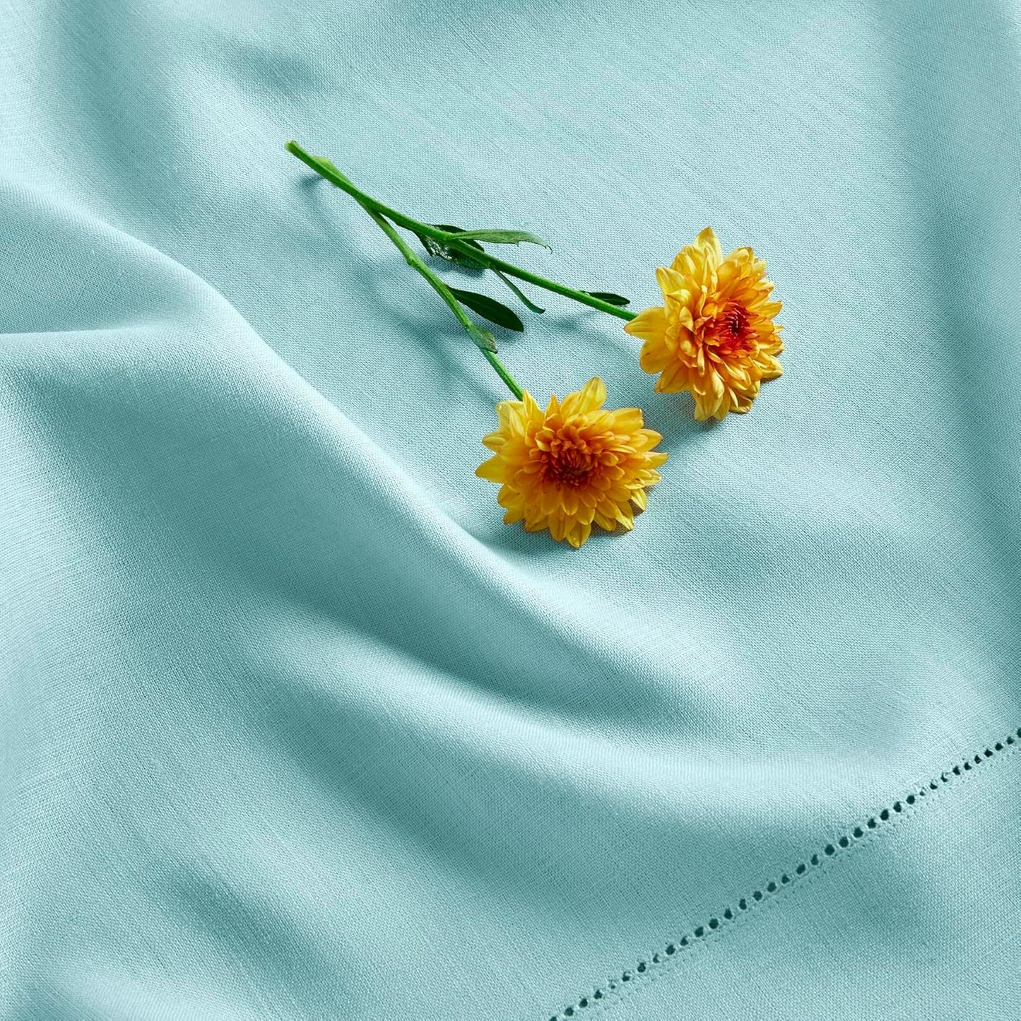 Solino Home Linen Tablecloth for Rectangle Tables 60 x 120 Inch - Classic Hemstitch 100% Pure Linen Aqua Blue Table Cloth - Machine Washable Cloth Tablecloth for Christmas, Holiday