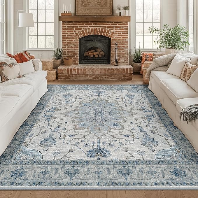 RELEANY Area Rugs Square 8ft Washable Non-Slip, Floral Vintage Distress Print by RELEANY