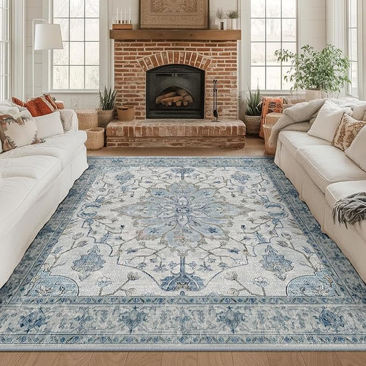 RELEANY Area Rugs Square 8ft Washable Non-Slip, Floral Vintage Distress Print by RELEANY