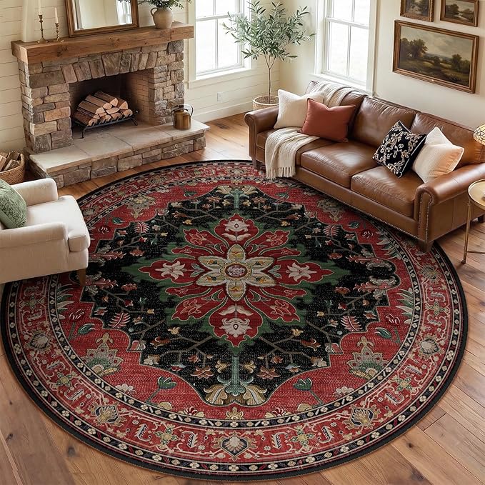 RELEANY Area Rugs Round 8ft Washable Non-Slip, Floral Vintage Distress Print by RELEANY