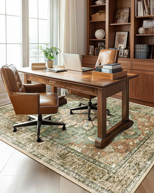 RELEANY Area Rugs 6'x8' Washable Non-Slip, Floral Vintage Distress Print by RELEANY