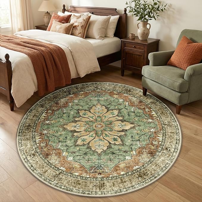 RELEANY Area Rugs Round 5ft Washable Non-Slip, Floral Vintage Distress Print by RELEANY