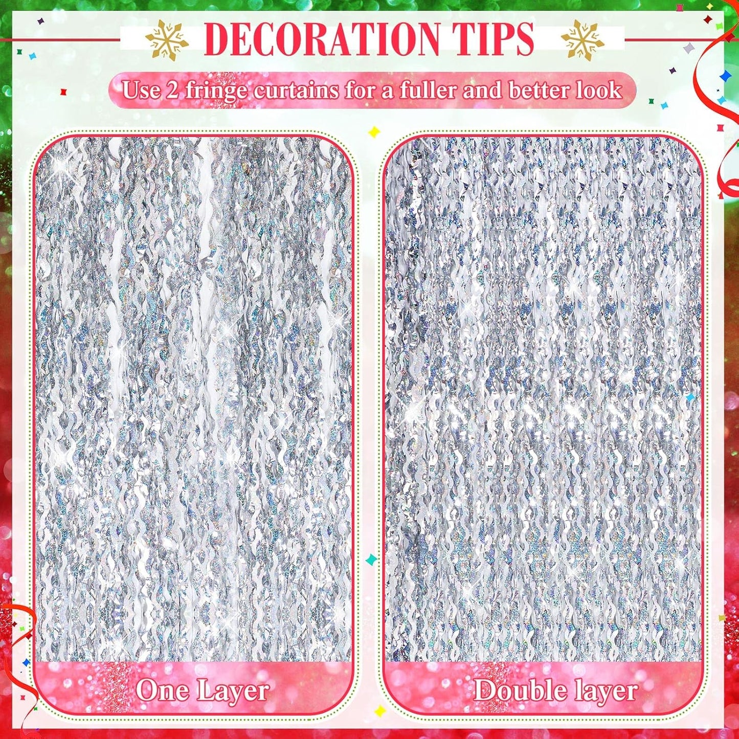 10 Pieces 3.3 x 6.6 Ft Foil Fringe Backdrop Party Wavy Tinsel Fringe Curtain Streamer for Happy New Year Carnival Party Favor 80s 90s Disco Ocean Sea Mermaid Birthday Wedding(Silver)