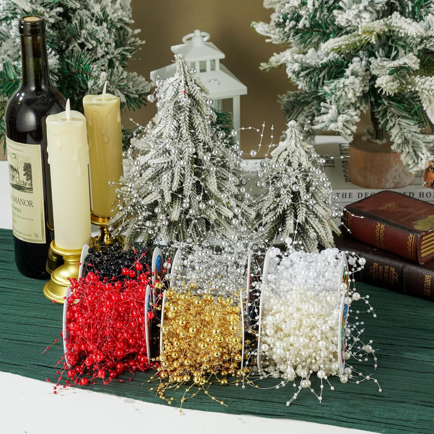 13Feet Pearl String Spool Roll for Floating Candles Faux Pearls Strands Garland for Vase Filler Wedding Centerpiece Christmas Table Decor (Black)