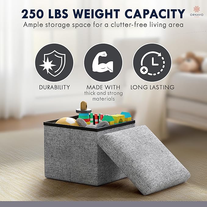 Ornavo Home Small Storage Ottoman Foldable Collapsible Cube Square Linen - Image 7