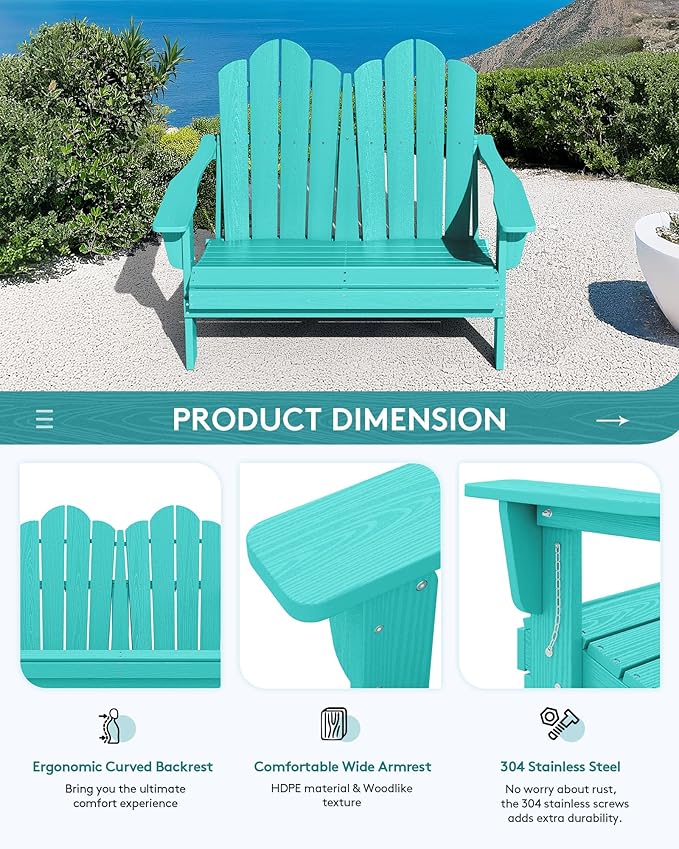 SERWALL Folding Adirondack Bench, HDPE All-Weather Adirondack Loveseat - Image 6