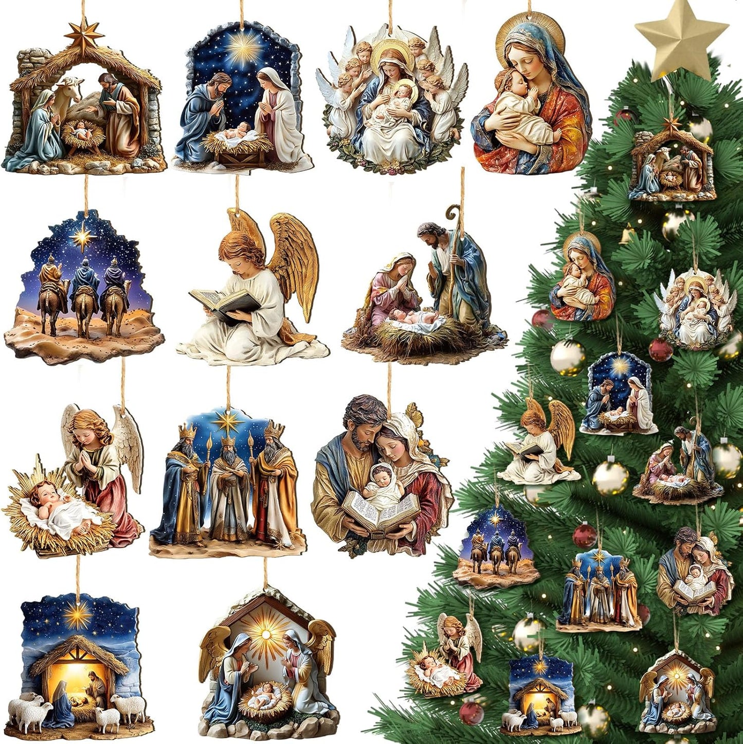 Suzile 36 Pcs Wooden Ornaments Vintage Tree Ornaments Decorations for Tree Wreaths Hanging Wood Cutouts Decor for Home Winter Party(Jesus)