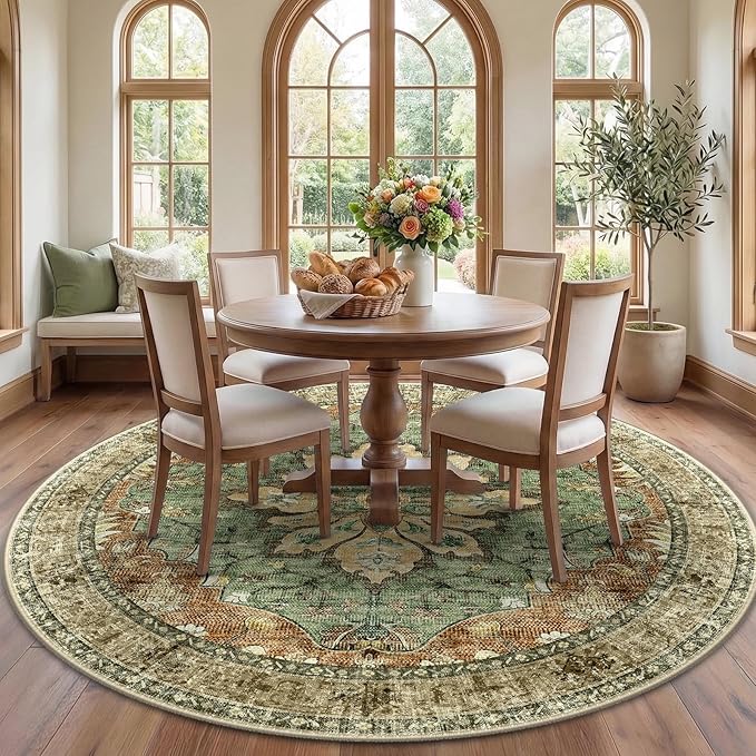 RELEANY Area Rugs Round 7ft Washable Non-Slip, Floral Vintage Distress Print by RELEANY
