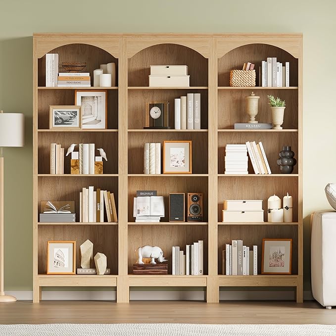 Arched Set of 2 Bookshelf with 5 Tier Open Shelves, Living Room, Natural Oak - Image 3