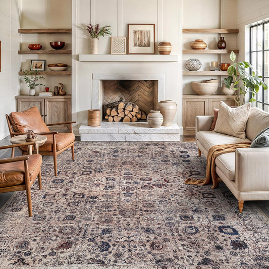 Bloom Rugs Washable Non-Slip 9' x 12' Rug - Light Tan/Blue Traditional Oriental Area Rug for Living Room, Bedroom, Dining Room, and Kitchen - Exact Size: 9' x 12'