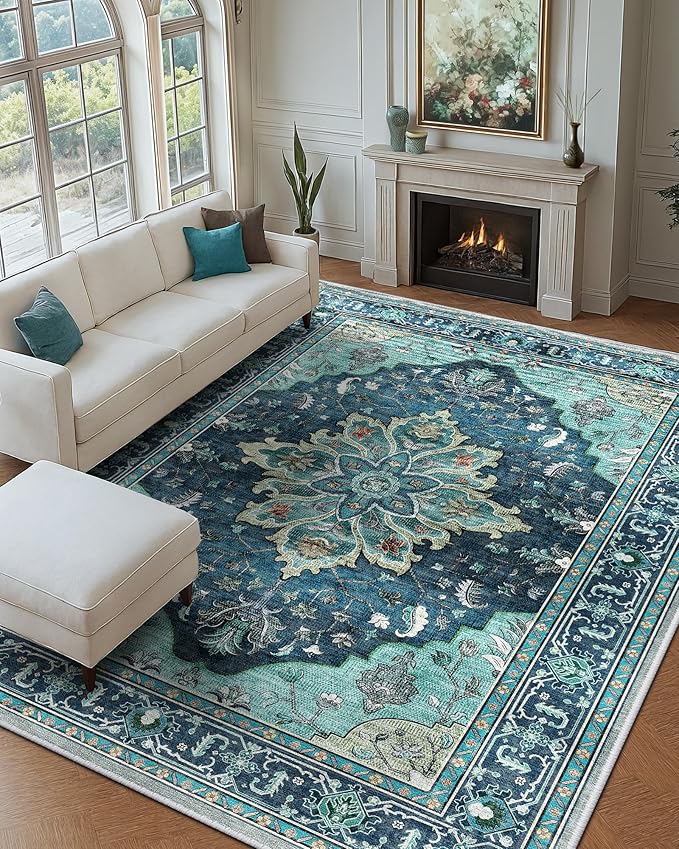 RELEANY Area Rugs 9'x12' Washable Non-Slip, Floral Vintage Distress Print by RELEANY