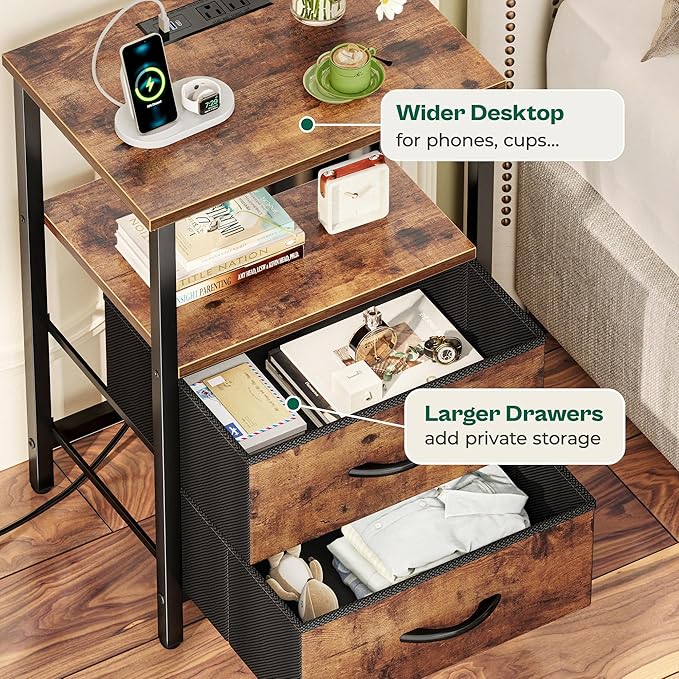 Huuger Night Stand with Charger Station and LED Lights, 2 Drawer Nightstand - Image 7