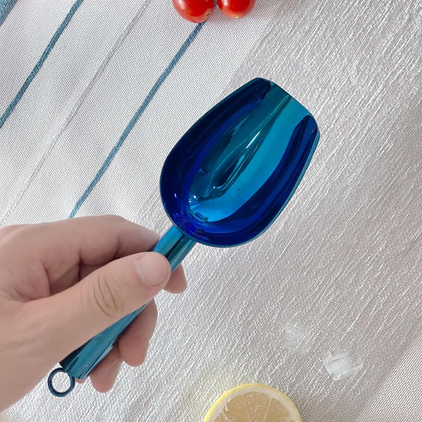 Metal Ice Scoop 3 Oz, Small Stainless Steel Ice scooper for Ice Maker Ice Bucket Kitchen Freezer Bar Party Wedding, Multipurpose for Coffee Bean,Flour Scoop,Dog Food Scoop (3 OZ-Blue)