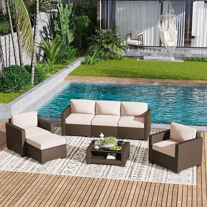 LOUVIXA 7 Piece Outdoor Patio Furniture Set, Rattan Chairs Glass Table Wicker - Image 9