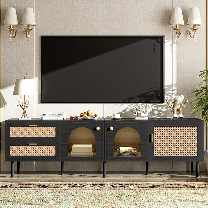Merax Rattan TV Stand with LED Lights, Solid Wood Feet, Living Room, Bedroom - Image 2