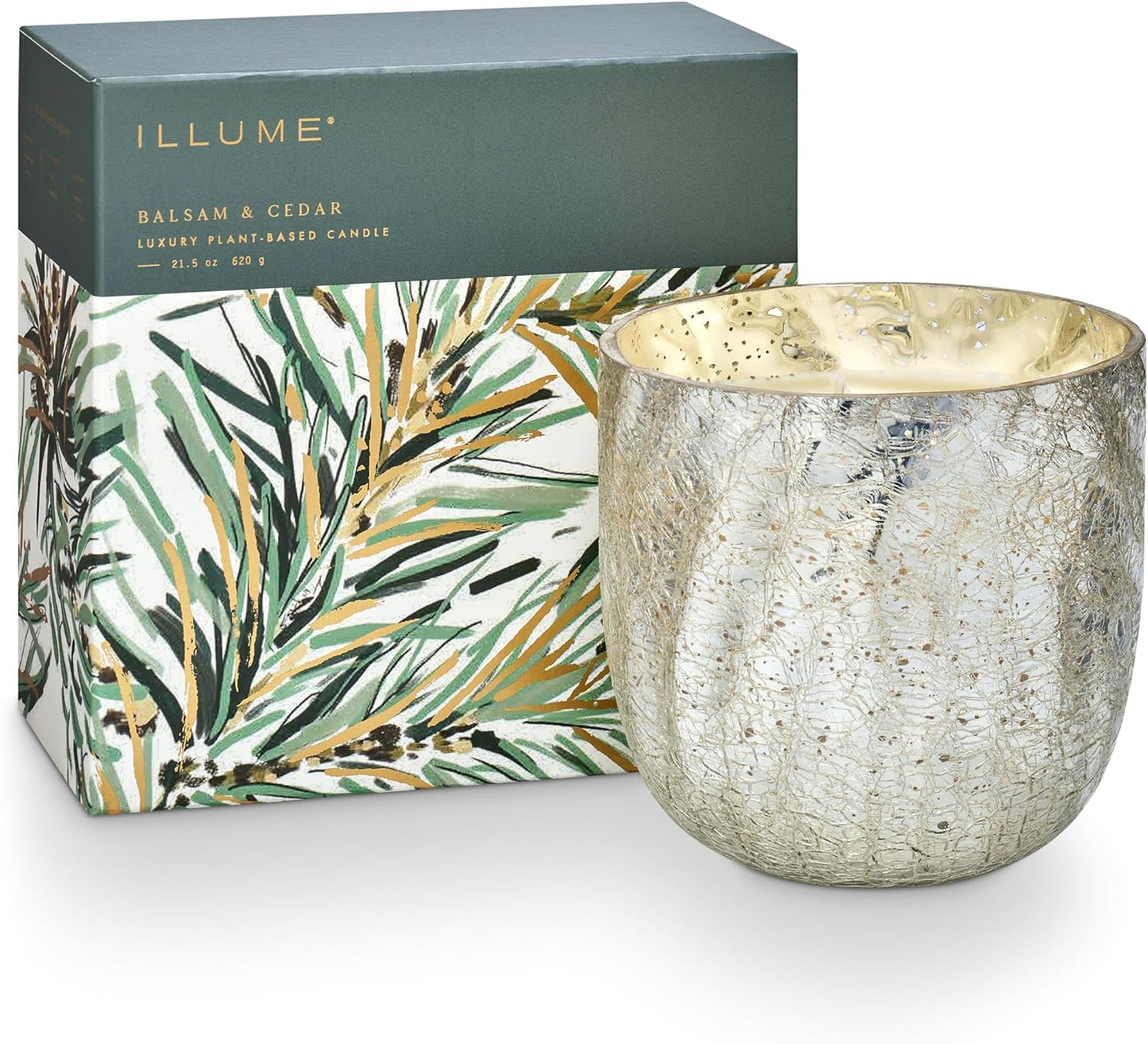 ILLUME Large Boxed Crackle Glass Candle, Balsam & Cedar