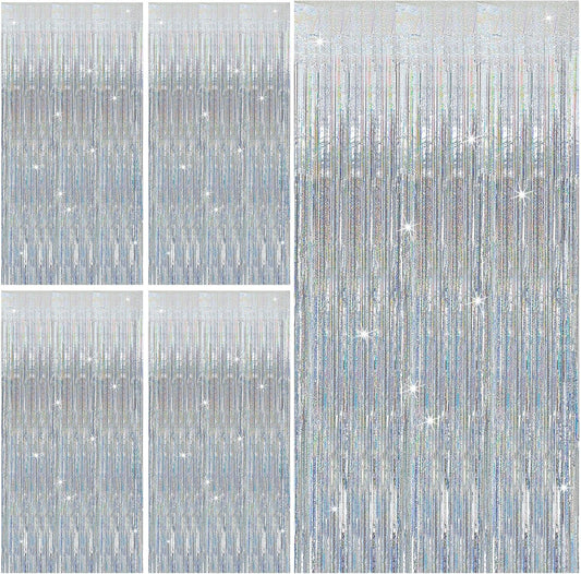 5 Pack Silver Glitter Streamers Party Decorations Tinsel Foil Fringe Curtains Christmas Birthday Bachelorette Party Wedding Decor Supplies