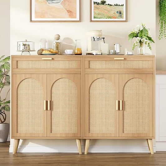 Rattan Buffet Sideboard Set of 2, Boho Buffet Cabinet by Keehusux