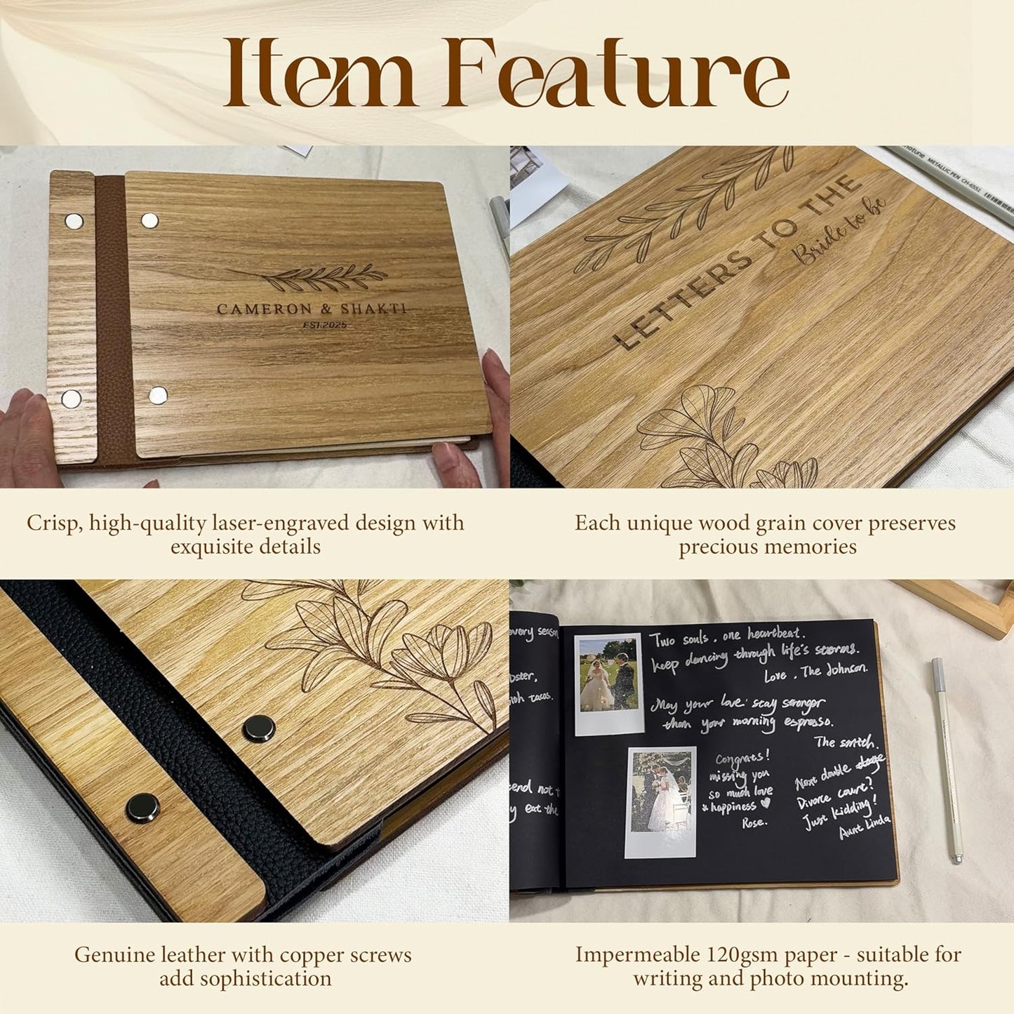 Wedding Guest Book, Custom Wooden Sign-in Book for Reception, Instant Photo Booth Album - Ideal for Wedding Album & Keepsake, Wedding Gift for Couple (A4-11.5 x 8.5 inch)