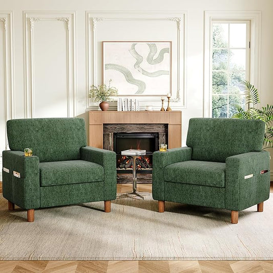 Mid Century Modern Accent Chairs Set of 2, Chenille Comfy Living Room Arm Chairs by ErdoruLiving