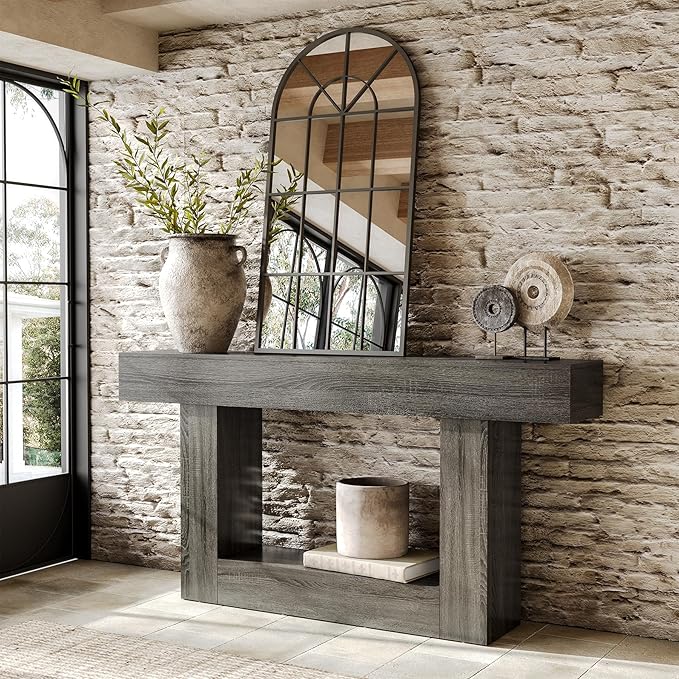 LITTLE TREE 63 Inches Long Console Table, 2-Tier Farmhouse Sofa Table Behind - Image 3