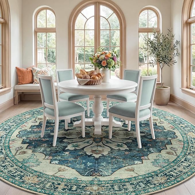 RELEANY Area Rugs Round 8ft Washable Non-Slip, Floral Vintage Distress Print - Image 2