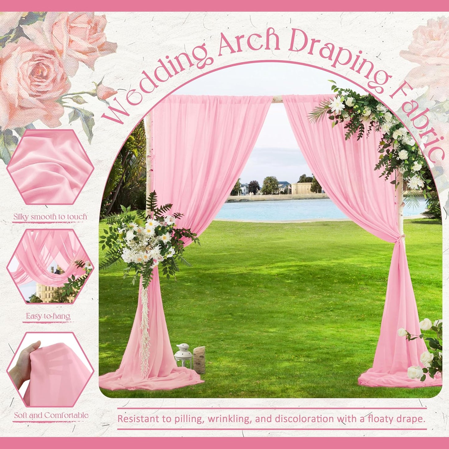 VACVELT Wedding Arch Draping Fabric Blush Pink Chiffon, 2 Panels Sheer Drapes 30 Inch x 20ft Chiffon Backdrop Curtain Wedding Decor, Outdoor Sheer Drapery for Ceremony Party Ceiling