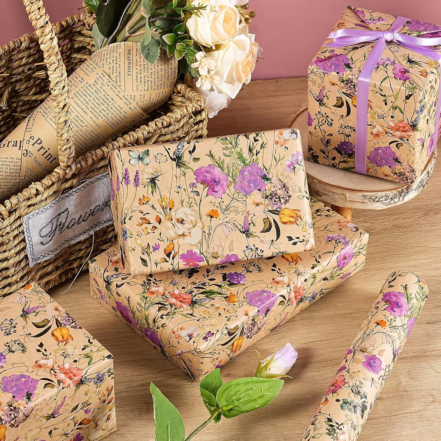 WRAPAHOLIC Kraft Floral Wrapping Paper Roll - Mini Roll - 17 Inch x 16.5 Feet - Garden Wildflower Wrapping Paper Perfect for Girls Women Birthday, Wedding, Bridal Shower
