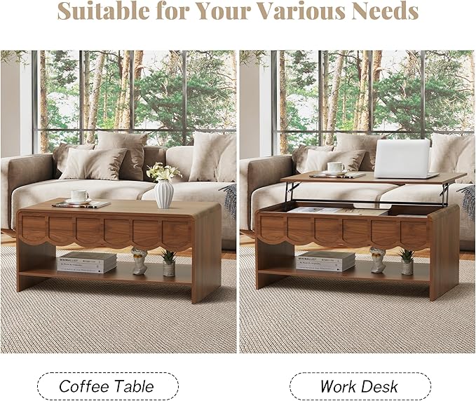 Lift Top Coffee Table with Hidden Compartment, 2 Tier Wooden Center Table with - Image 5