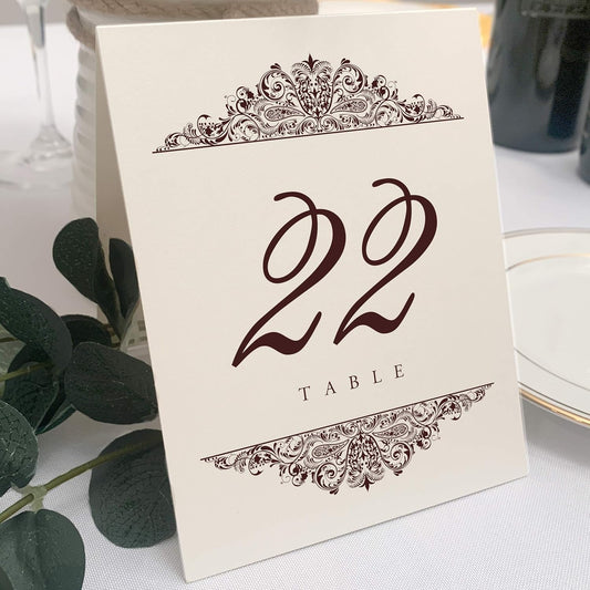 Paisley Wedding Table Numbers (Select Color/Quantity), Champagne, Chocolate, 1-110, Double Sided, Tent or Use in a Stand, Great for Parties & Restaurants - Made in the USA