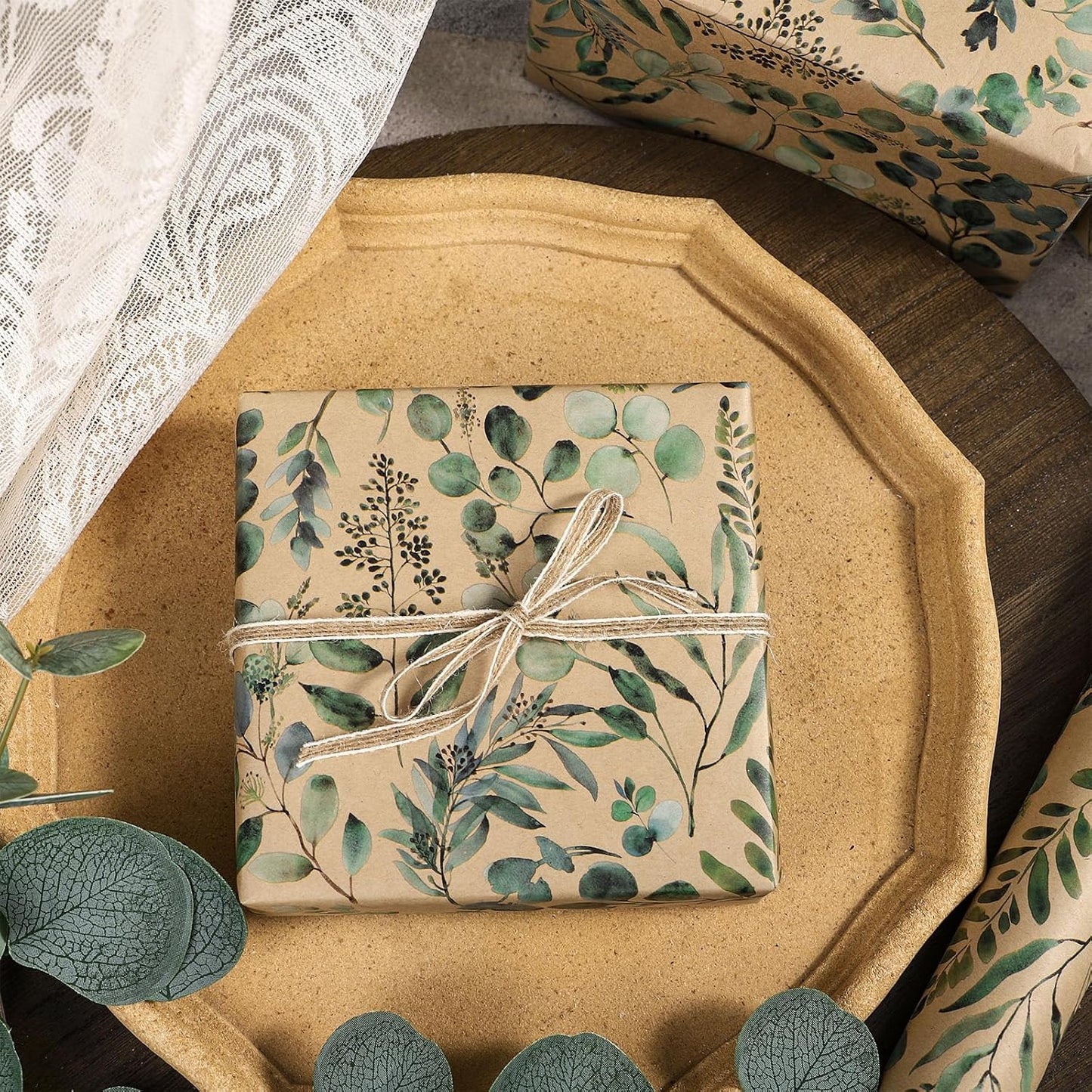 RUSPEPA Eucalyptus Leaf Gift Wrapping Paper, 17 Inches x 32.8 Feet, Mini Roll, Kraft Wrapping Paper Roll for Women, Spring, Summer, Wedding and Birthday