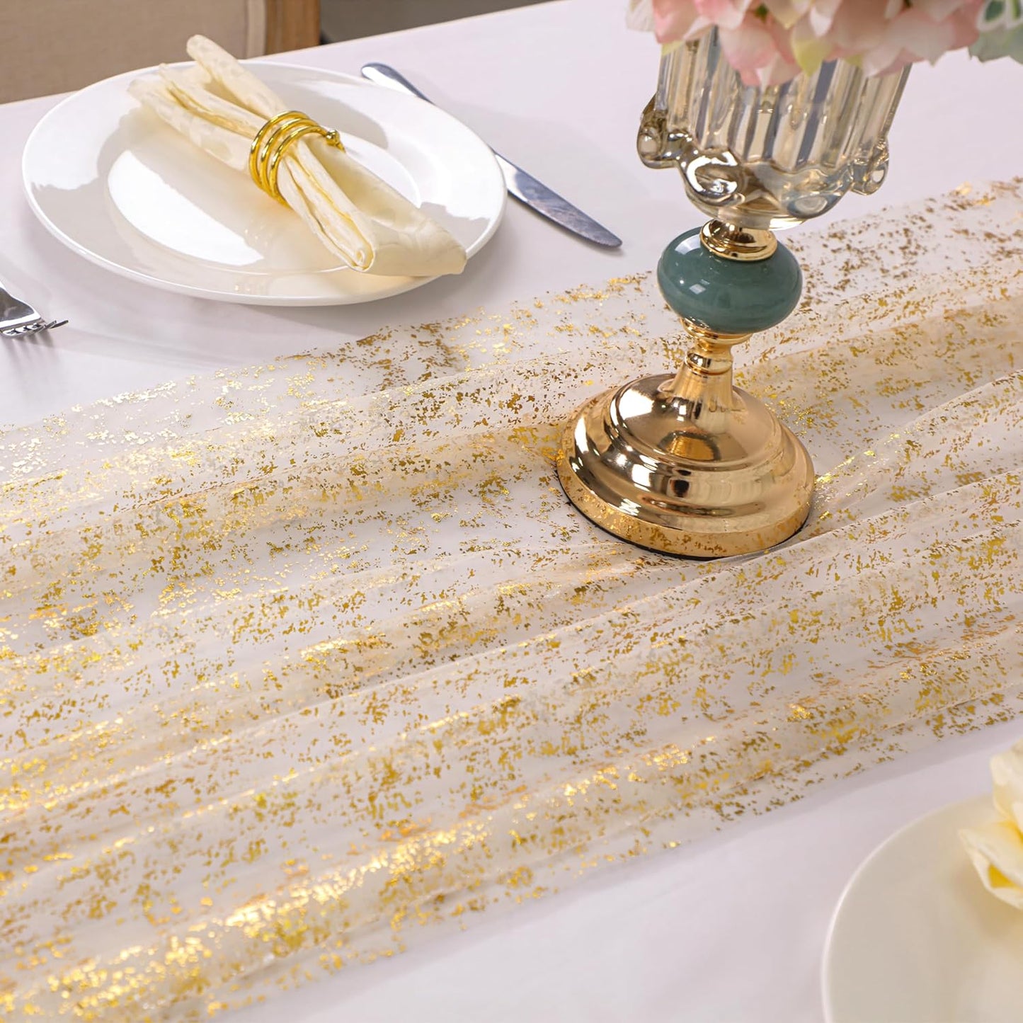 Snowkingdom 10 Pack 10ft Gold Table Runners, Sheer Chiffon Tulle Cheesecloth Sequin Glitter Metallic, Golden Centerpieces Table Decorations for Party Wedding Christmas Birthday Bridal Baby Shower