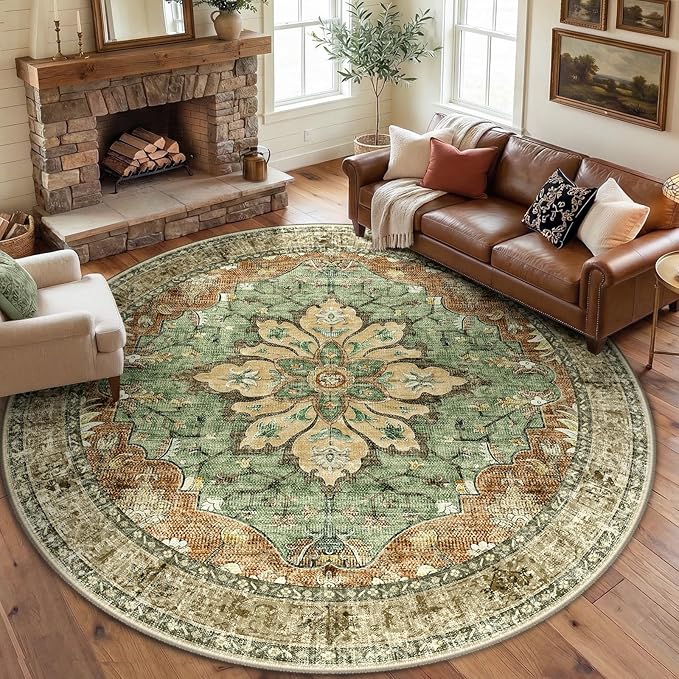 RELEANY Area Rugs Round 8ft Washable Non-Slip, Floral Vintage Distress Print by RELEANY