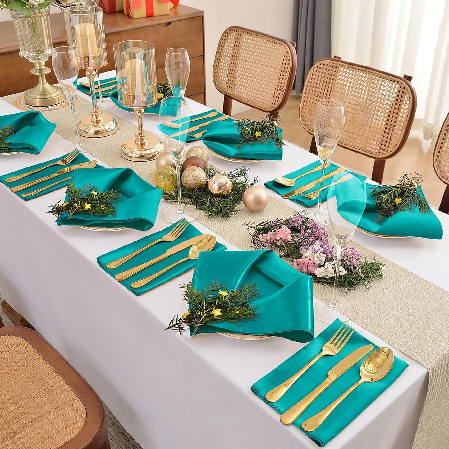 12 Pieces Teal Satin Napkins, 17" x 17" Square Table Napkins, Silky Soft Smooth Washable Napkins for Restaurant, Weddings, Dinner, Party Decoration