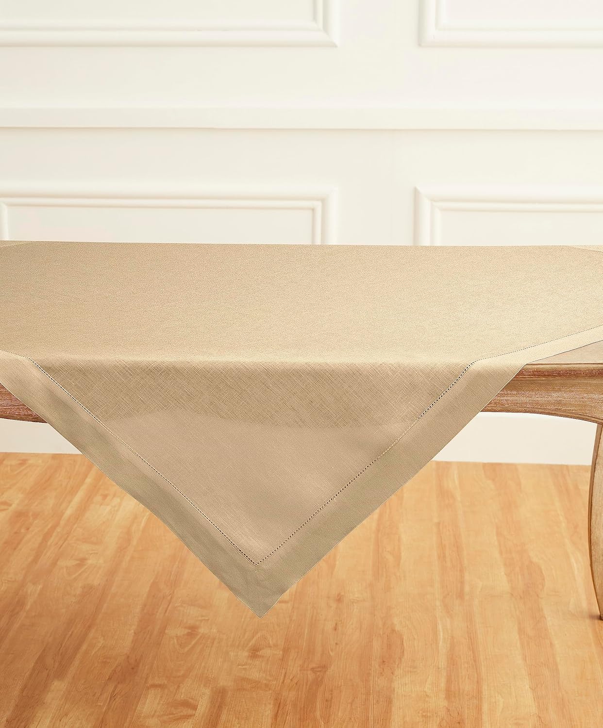 Solino Home Linen Square Tablecloth 52 x 52 Inch - 100% Pure Linen Beige Table Throw - Classic Hemstitch, Machine Washable Table Cloth for Fall, Autumn, Thanksgiving