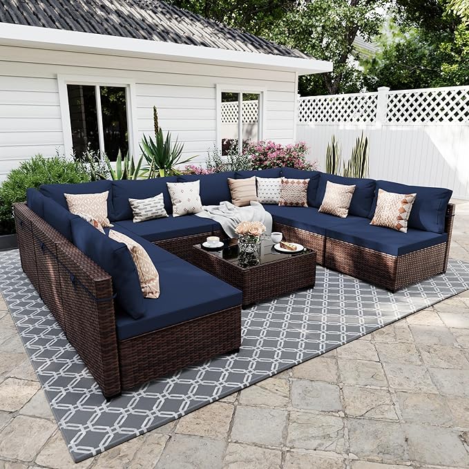 UPHA 9 Pieces Patio Furniture Sets, Wicker Outdoor Sectional Sofa Couch by UPHA