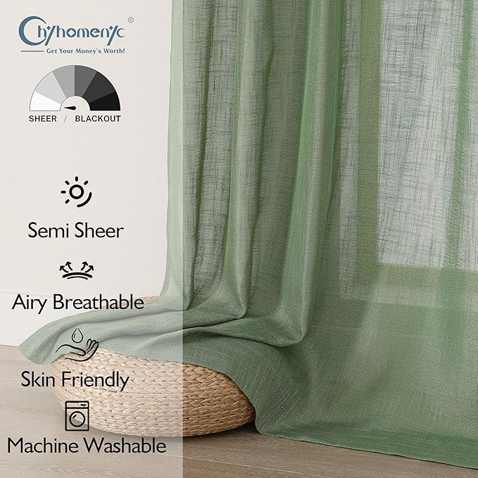 Chyhomenyc Sage Green Semi Sheer Curtains 36 Inch Length, Light Filtering Faux - Image 2