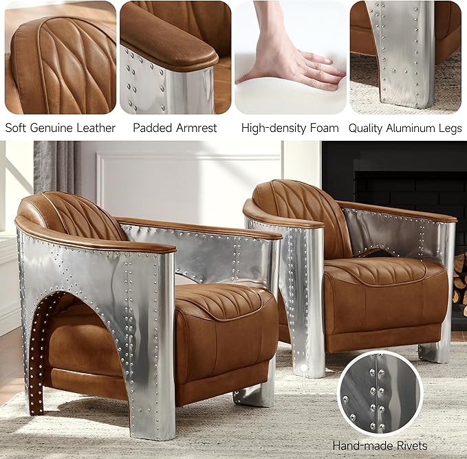 Art Leon Genuine Leather Chair, Mid Century Industrial Accent Arm Chair - Image 4