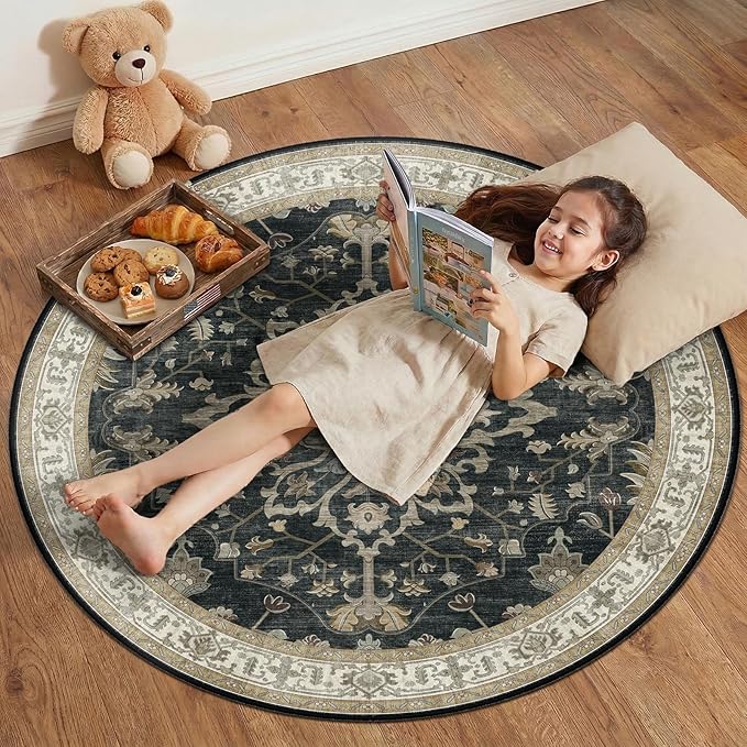RELEANY Area Rugs Round 4ft Washable Non-Slip, Floral Vintage Distress Print by RELEANY