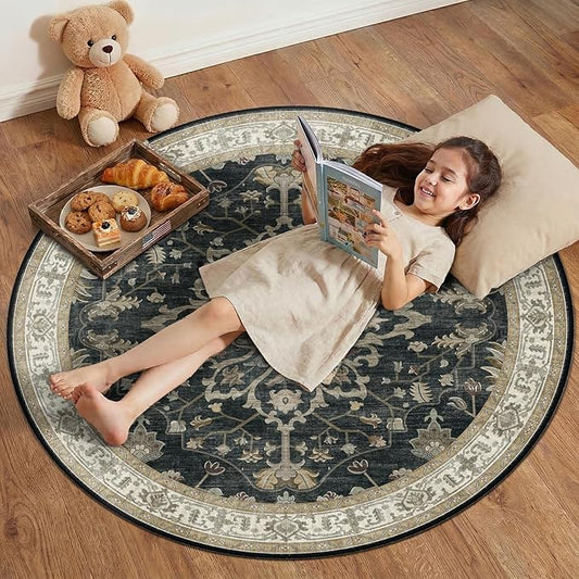 RELEANY Area Rugs Round 4ft Washable Non-Slip, Floral Vintage Distress Print by RELEANY