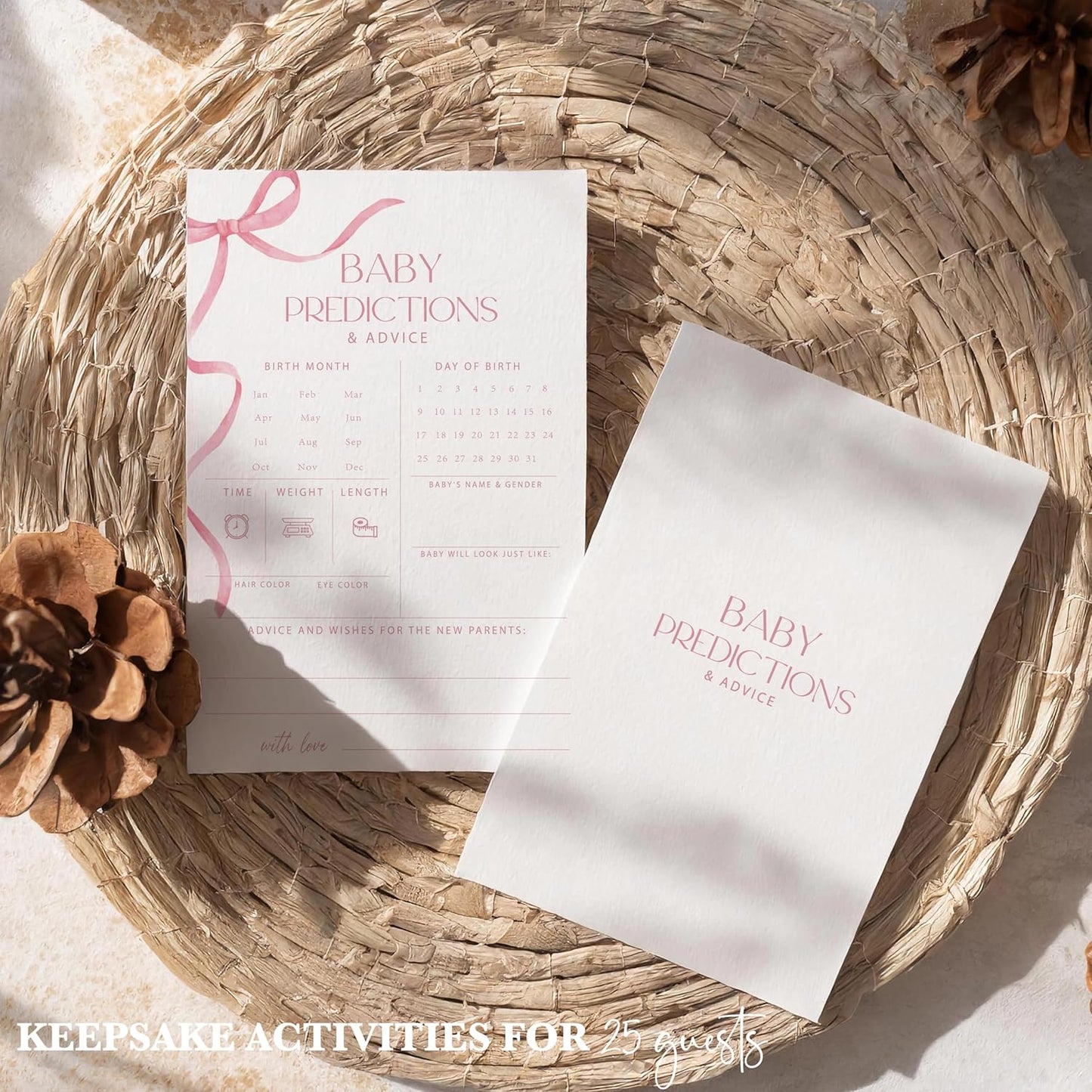 Advice For New Parents Baby Shower, Baby Predictions & Advice Cards For Baby Shower Games Activities, Wishes for Baby, 25 Double-Sided Thick Cards – Pink Bow A05