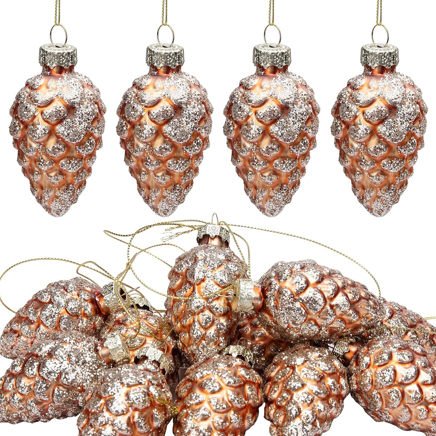 Watayo 12 Pcs Christmas Pinecone Glass Ornaments- Fall Hanging Pine Cone Painted Glass Ornaments- Glitter Pinecone Christmas Ornament for Xmas Tree DIY Crafts Fall Thanksgiving Day Decoration