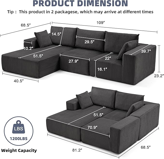 108” Modular Sectional Sofa, Cloud Sectional Couch - Image 3